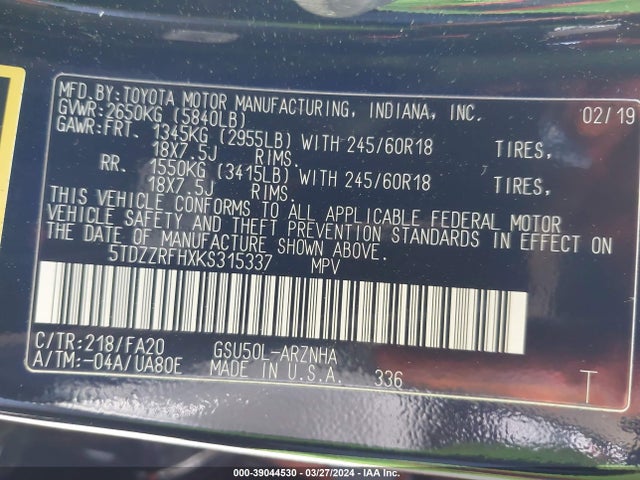 Toyota Highlander Le/le Plus 2019 5TDZZRFHXKS315337 Image 9