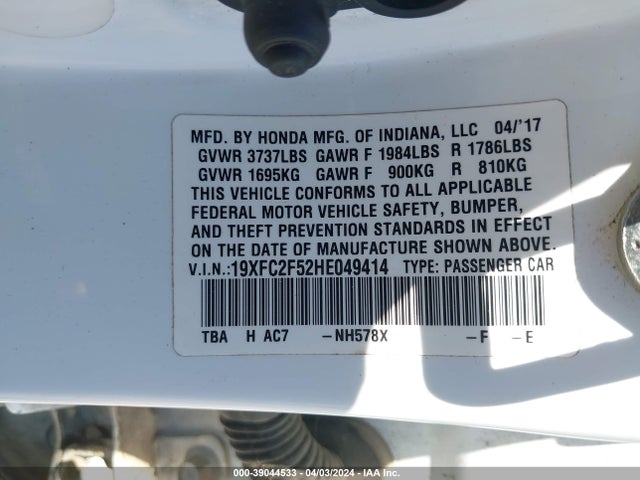 Honda Civic Lx 2017 19XFC2F52HE049414 Image 9