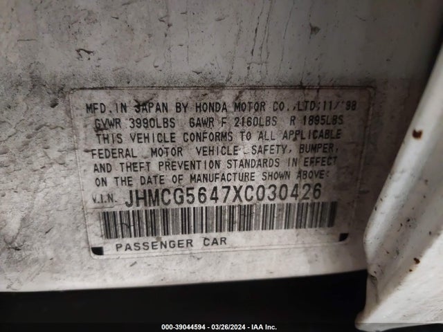 Продаж на аукціоні авто 1999 Honda Accord Lx, vin: JHMCG5647XC030426, номер лоту: 39044594
