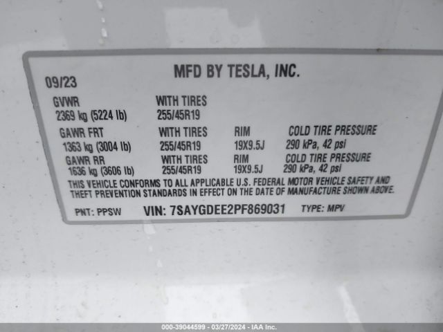 7SAYGDEE2PF869031 Tesla Model Y Awd/long Range Dual Motor All-wheel Drive