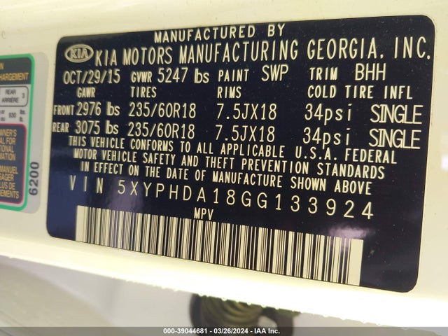 KIA Sorento 2.0t Ex 2016 5XYPHDA18GG133924 Image 9