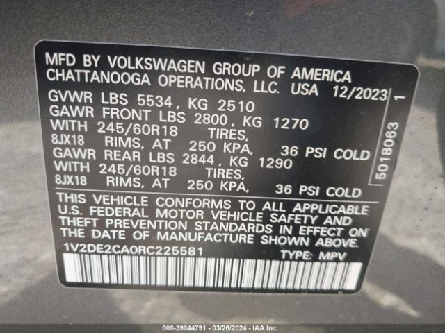 1V2DE2CA0RC225581 Volkswagen Atlas Cross Sport 2.0t Se