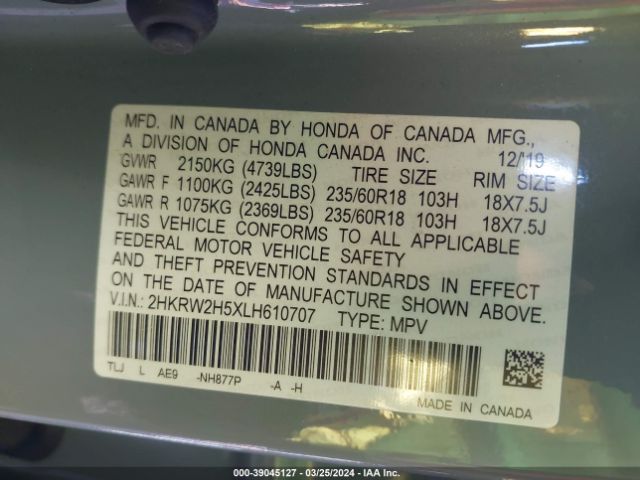 2HKRW2H5XLH610707 Honda Cr-v Awd Ex