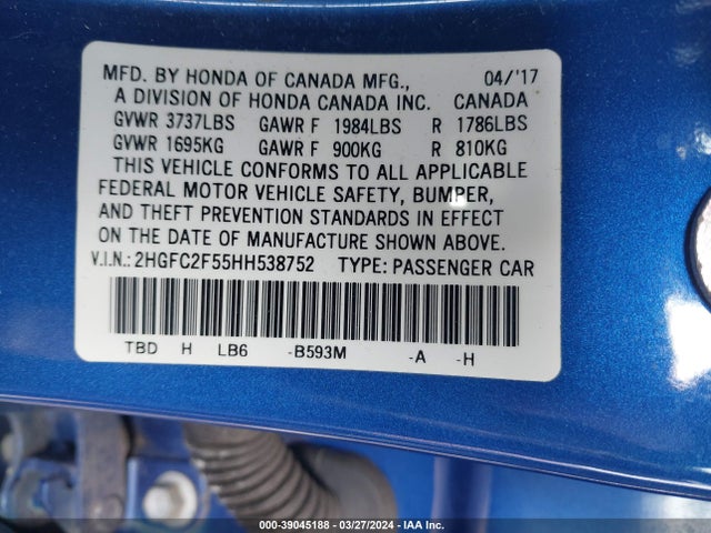 Honda Civic Lx 2017 2HGFC2F55HH538752 Image 9