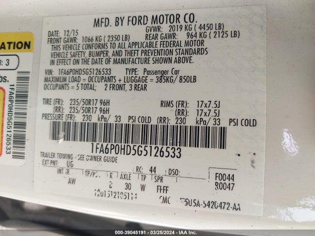 Ford FUSION SE 2016 1FA6P0HD5G5126533 Image 9