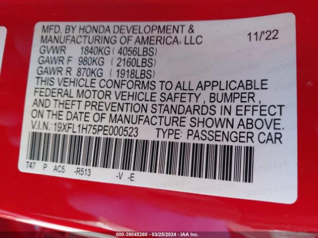 19XFL1H75PE000523 Honda Civic Ex-l /ex-l W/o Bsi