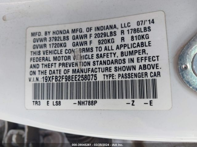 19XFB2F98EE258075 Honda Civic Ex-l