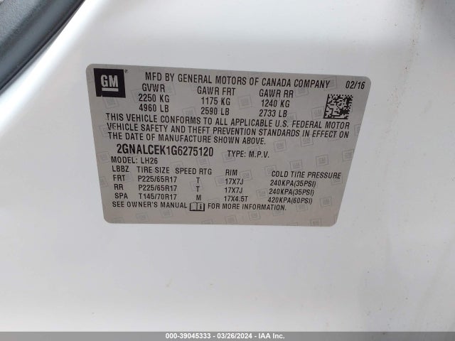 Chevrolet EQUINOX LT 2016 2GNALCEK1G6275120 Image 9