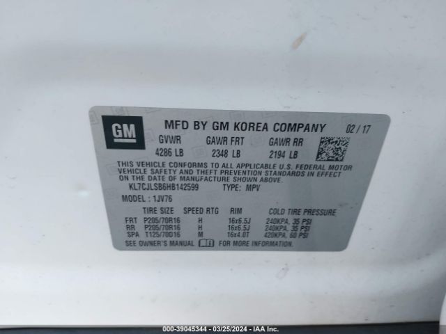 KL7CJLSB6HB142599 Chevrolet Trax Lt