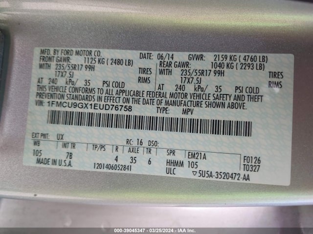 Ford ESCAPE SE 2014 1FMCU9GX1EUD76758 Image 9