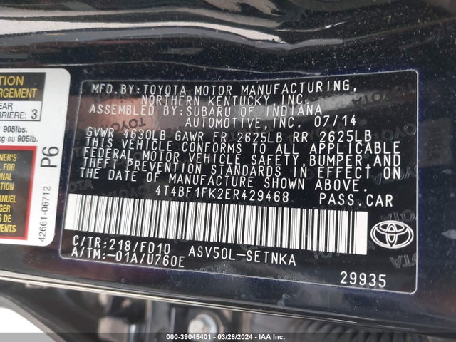 Toyota CAMRY LE 2014 4T4BF1FK2ER429468 Image 9