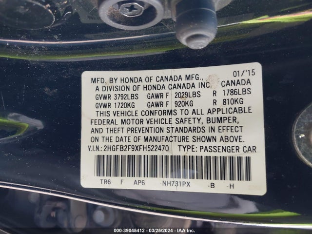 Honda Civic Ex-l 2015 2HGFB2F9XFH522470 Image 9