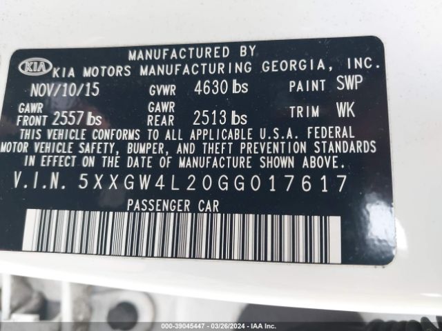 5XXGW4L20GG017617 KIA Optima Sx Turbo
