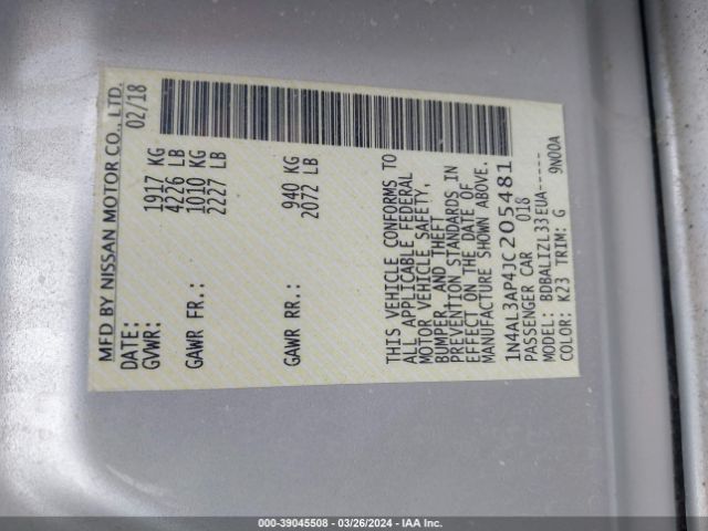 1N4AL3AP4JC205481 Nissan Altima 2.5 Sv
