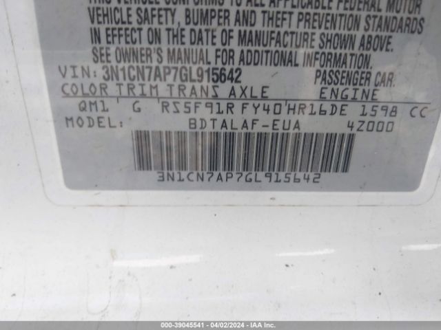 3N1CN7AP7GL915642 Nissan Versa 1.6 S