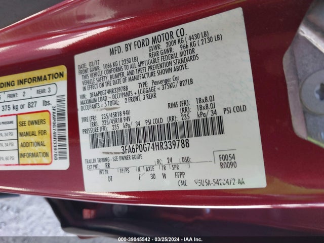 Ford FUSION S 2017 3FA6P0G74HR339788 Image 9