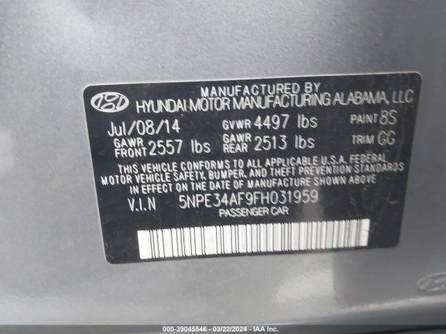 Hyundai Sonata Limited 2015 5NPE34AF9FH031959 Image 9