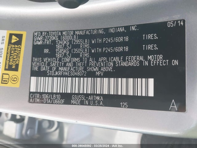 Toyota Highlander Xle V6 2014 5TDJKRFH4ES048072 Image 9