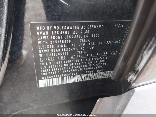 WVGAV7AX9FW552625 Volkswagen TIGUAN S