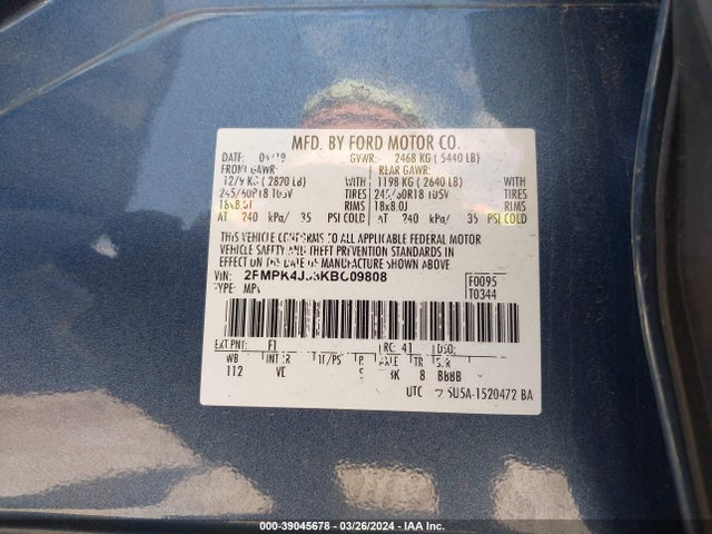 Ford EDGE SEL 2019 2FMPK4J93KBC09808 Image 9
