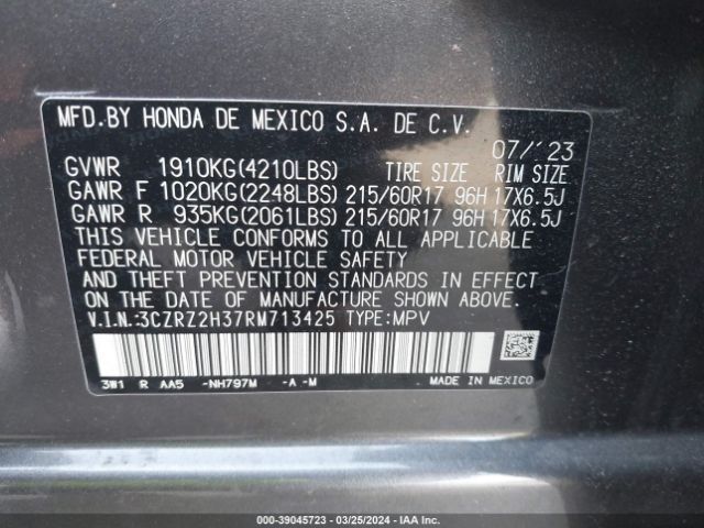 3CZRZ2H37RM713425 Honda HR-V LX