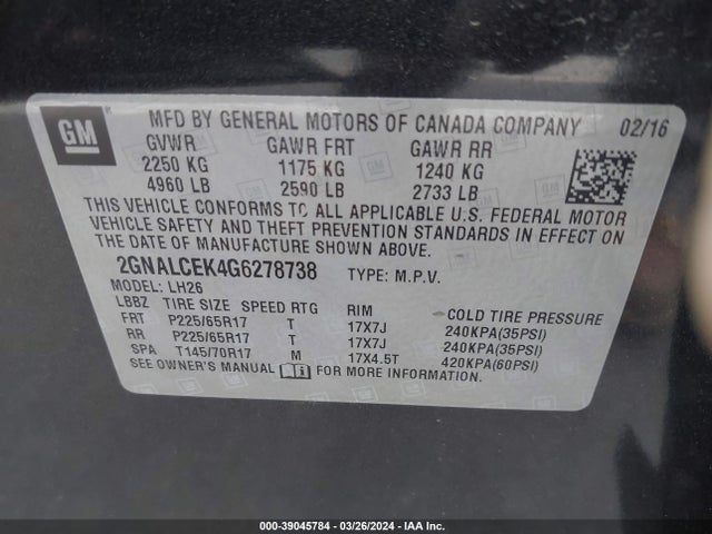 Chevrolet EQUINOX LT 2016 2GNALCEK4G6278738 Image 9