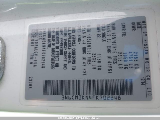 3N6CM0KN4FK702248 Nissan NV200 SV