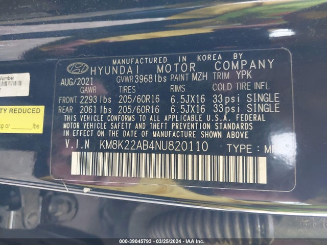 Hyundai Kona Se 2022 KM8K22AB4NU820110 Image 9