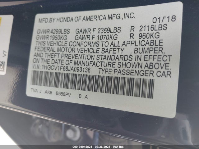 Honda Accord Ex-l 2018 1HGCV1F68JA093136 Image 9