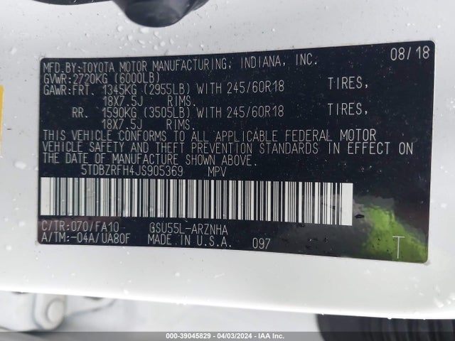 Toyota Highlander Le Plus 2018 5TDBZRFH4JS905369 Image 9