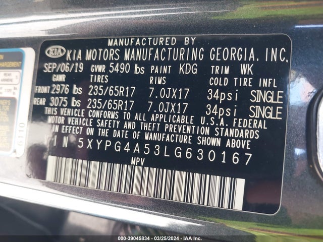 KIA Sorento 3.3l Lx 2020 5XYPG4A53LG630167 Image 9