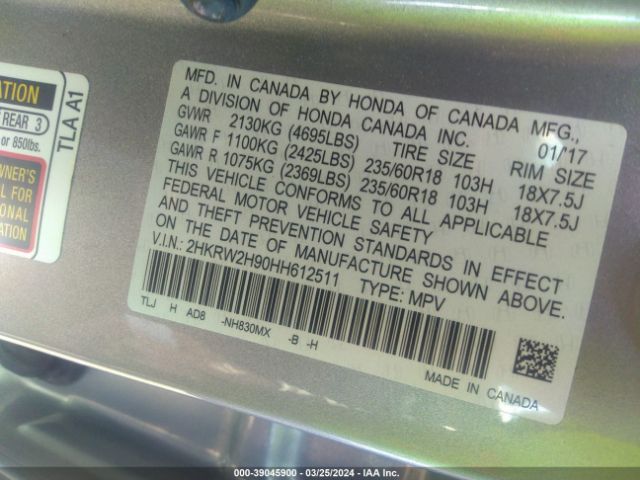 2HKRW2H90HH612511 Honda Cr-v Touring