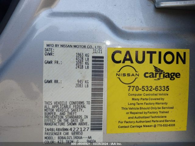 1N4BL4BV8MN422127 Nissan Altima S Fwd