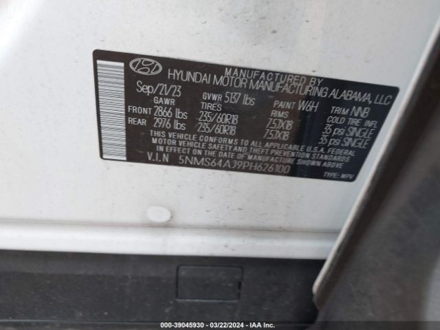 5NMS64AJ9PH626100 Hyundai Santa Fe Xrt