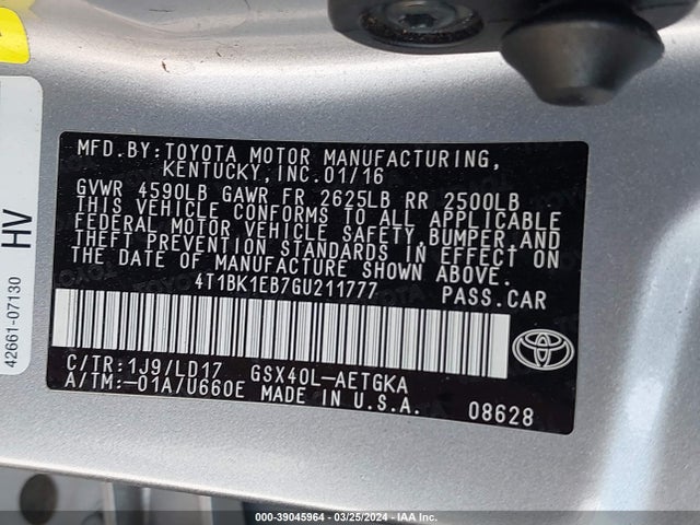 Toyota AVALON XLE 2016 4T1BK1EB7GU211777 Image 9