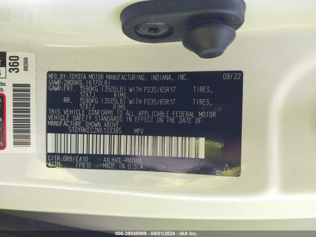 Toyota SIENNA XLE 2022 5TDYRKEC2NS133385 Image 9