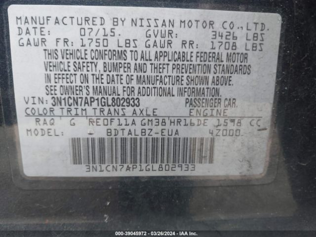 3N1CN7AP1GL802933 Nissan Versa 1.6 S/1.6 S+/1.6 Sl/1.6 Sv