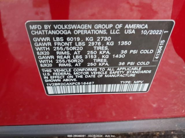 1V2BR2CAXPC516467 Volkswagen Atlas 3.6l V6 Sel
