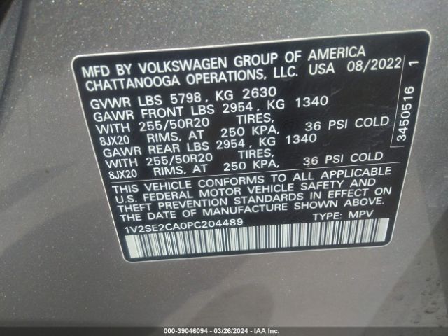 1V2SE2CA0PC204489 Volkswagen Atlas Cross Sport 3.6l V6 Sel/3.6l V6 Sel R-line Black