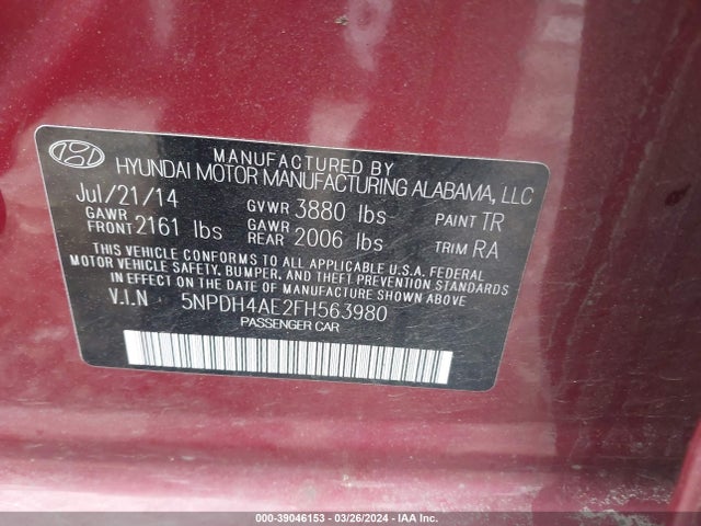 Hyundai ELANTRA SE 2015 5NPDH4AE2FH563980 Image 9