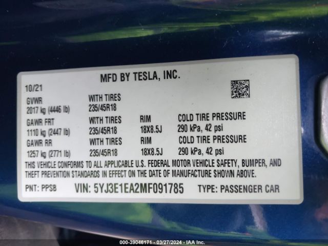 5YJ3E1EA2MF091785 Tesla Model 3 Standard Range Plus Rear-wheel Drive