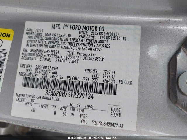 Ford FUSION SE 2015 3FA6P0H75FR229134 Image 9
