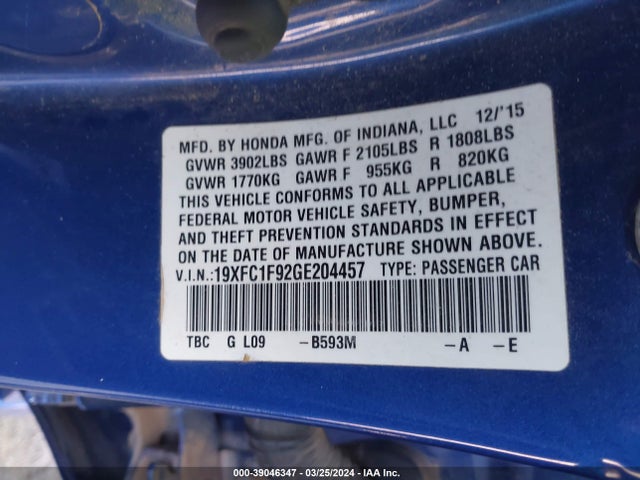 Honda Civic Touring 2016 19XFC1F92GE204457 Image 9