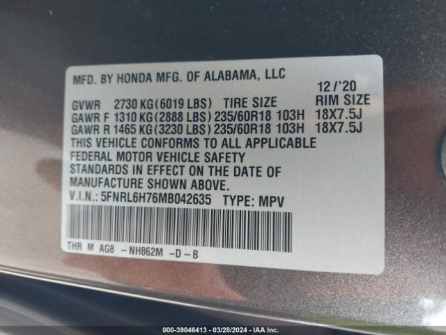 5FNRL6H76MB042635 Honda Odyssey Ex-l