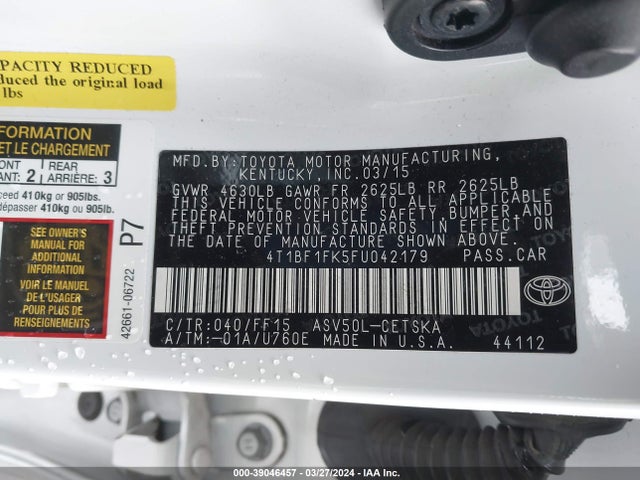 Aukcja sprzedaży 2015 Toyota Camry Se, vin: 4T1BF1FK5FU042179, numer aukcji: 39046457