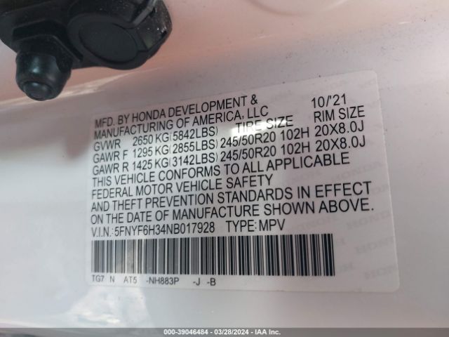 5FNYF6H34NB017928 Honda Pilot Awd Sport
