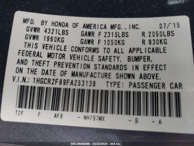 Honda Accord Ex-l 2015 1HGCR2F89FA253138 Image 9
