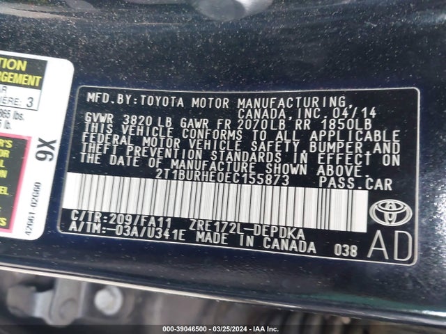 Toyota COROLLA L 2014 2T1BURHE0EC155873 Image 9