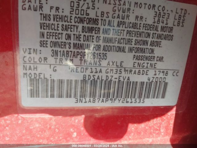 3N1AB7AP9FY261535 Nissan Sentra Fe+ S/s/sl/sr/sv