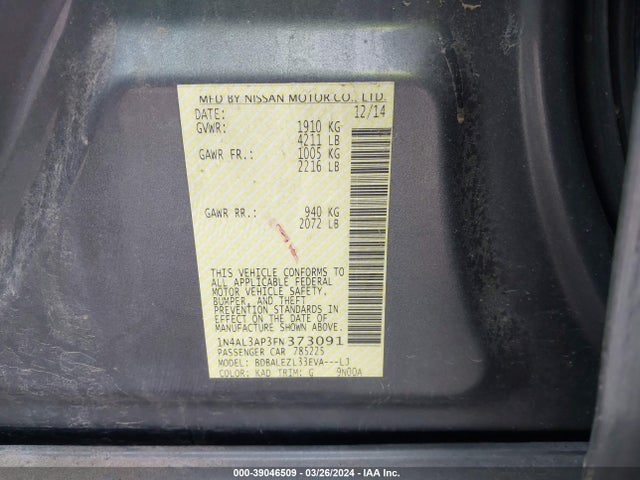 Nissan Altima 2.5 S 2015 1N4AL3AP3FN373091 Image 9